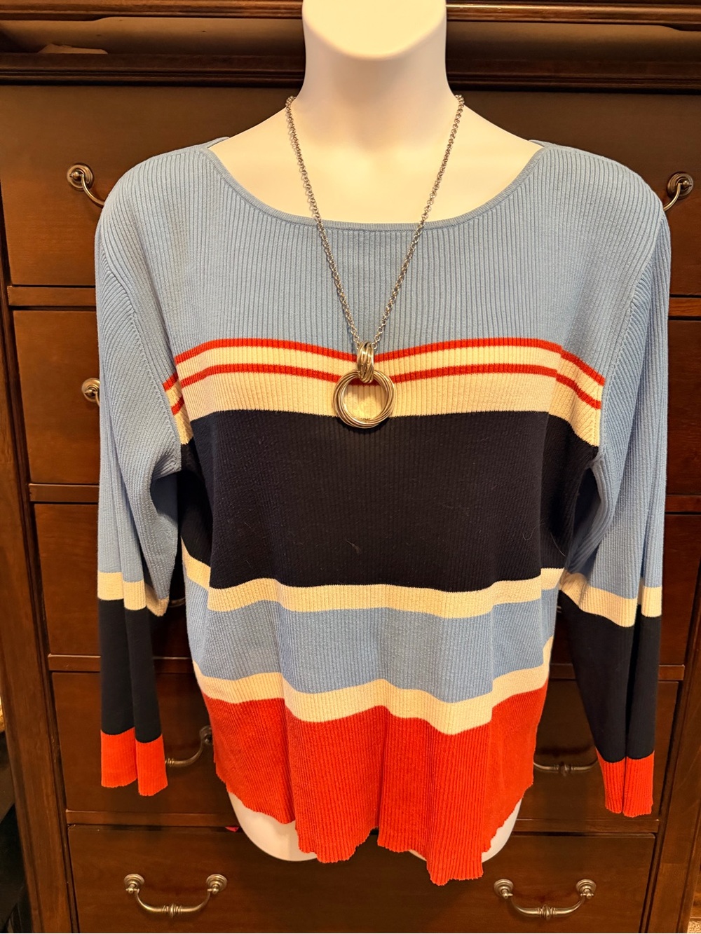 Striped Knit Sweater in Light Blue, Navy, off white & dark coral